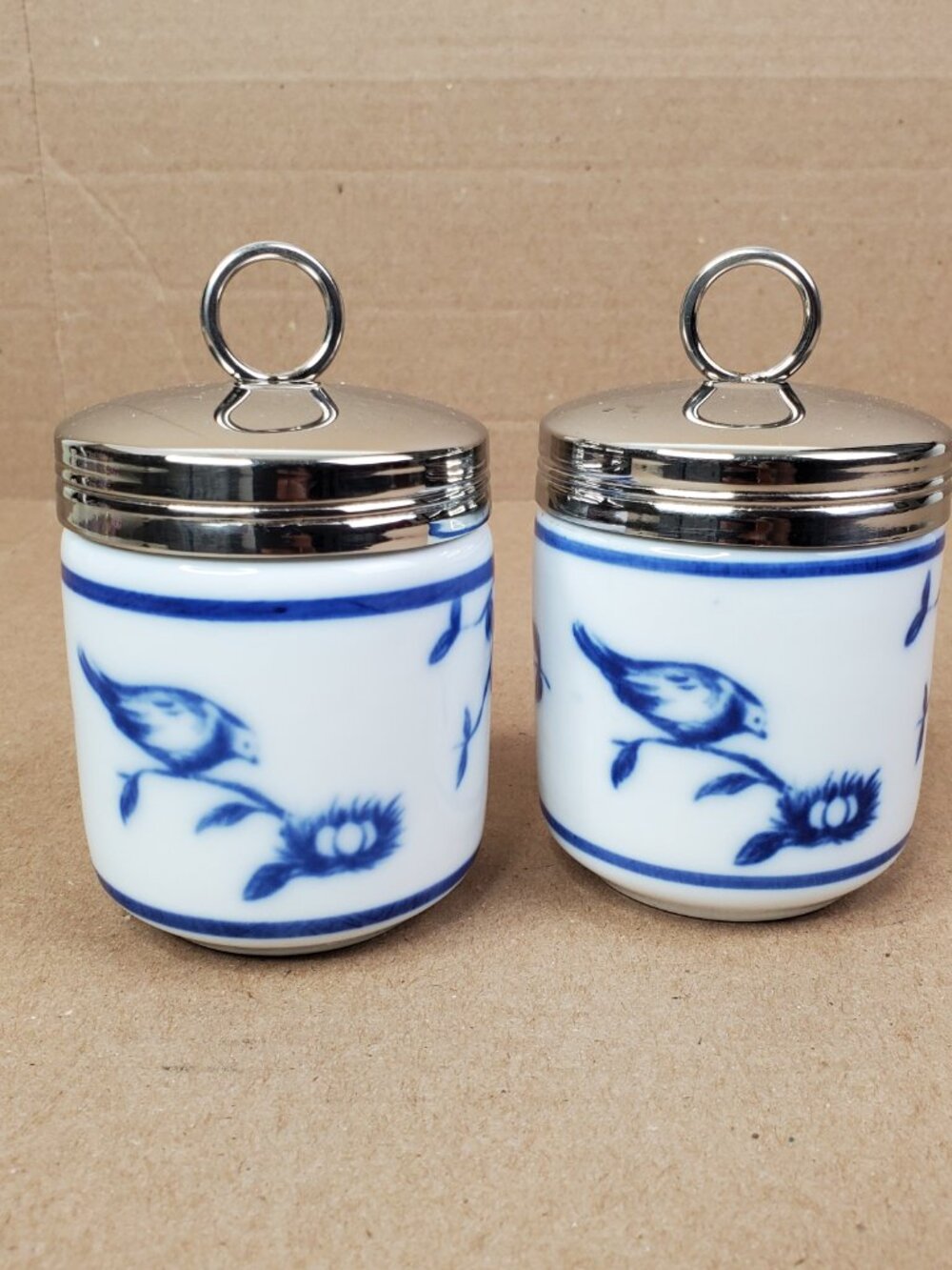 Vintage Williams Sonoma Egg Coddlers Flow Blue White Floral Nesting Bird Ceramic